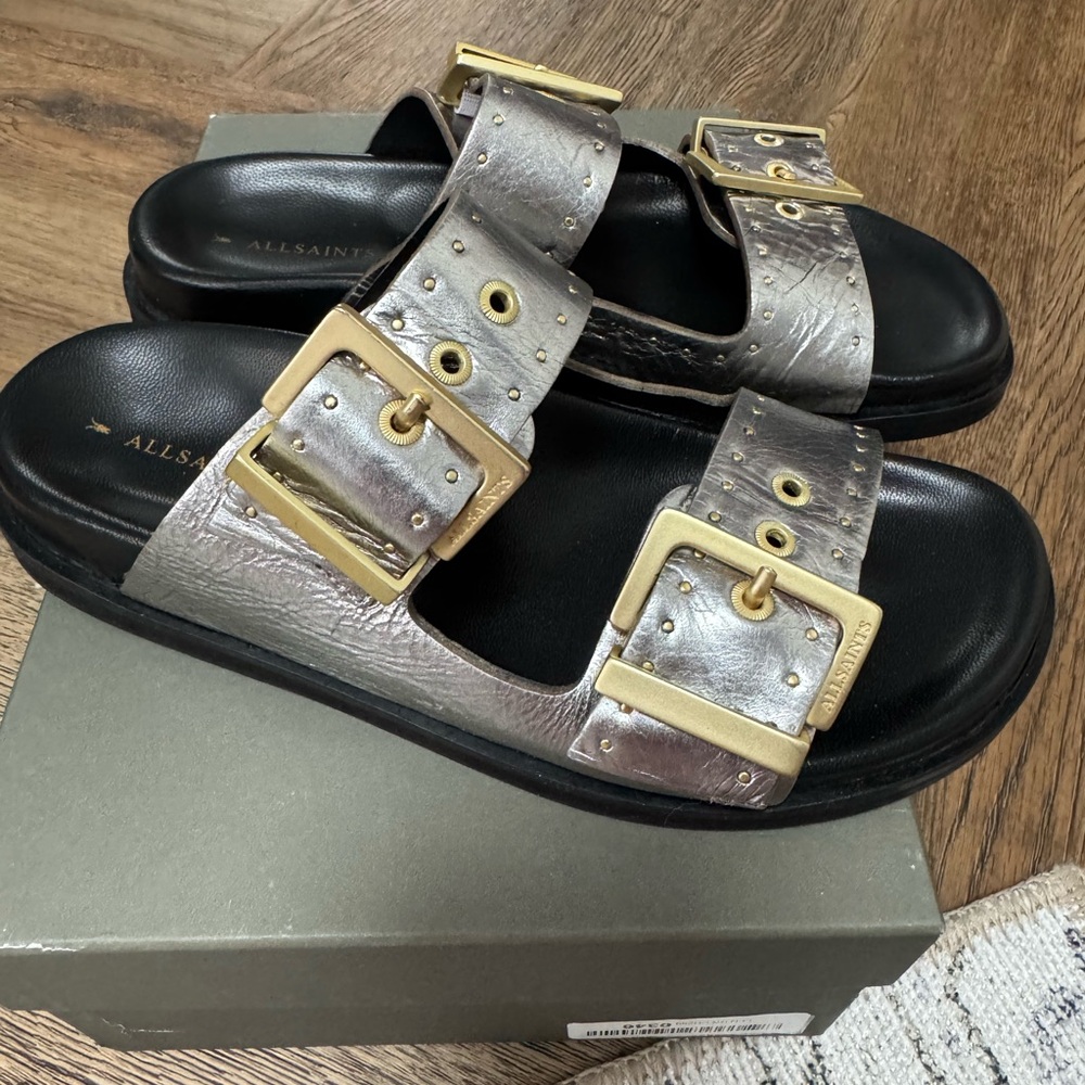 ALLSAINTS Magda Metallic Double Buckle Sandals NIB - Picture 3 of 9